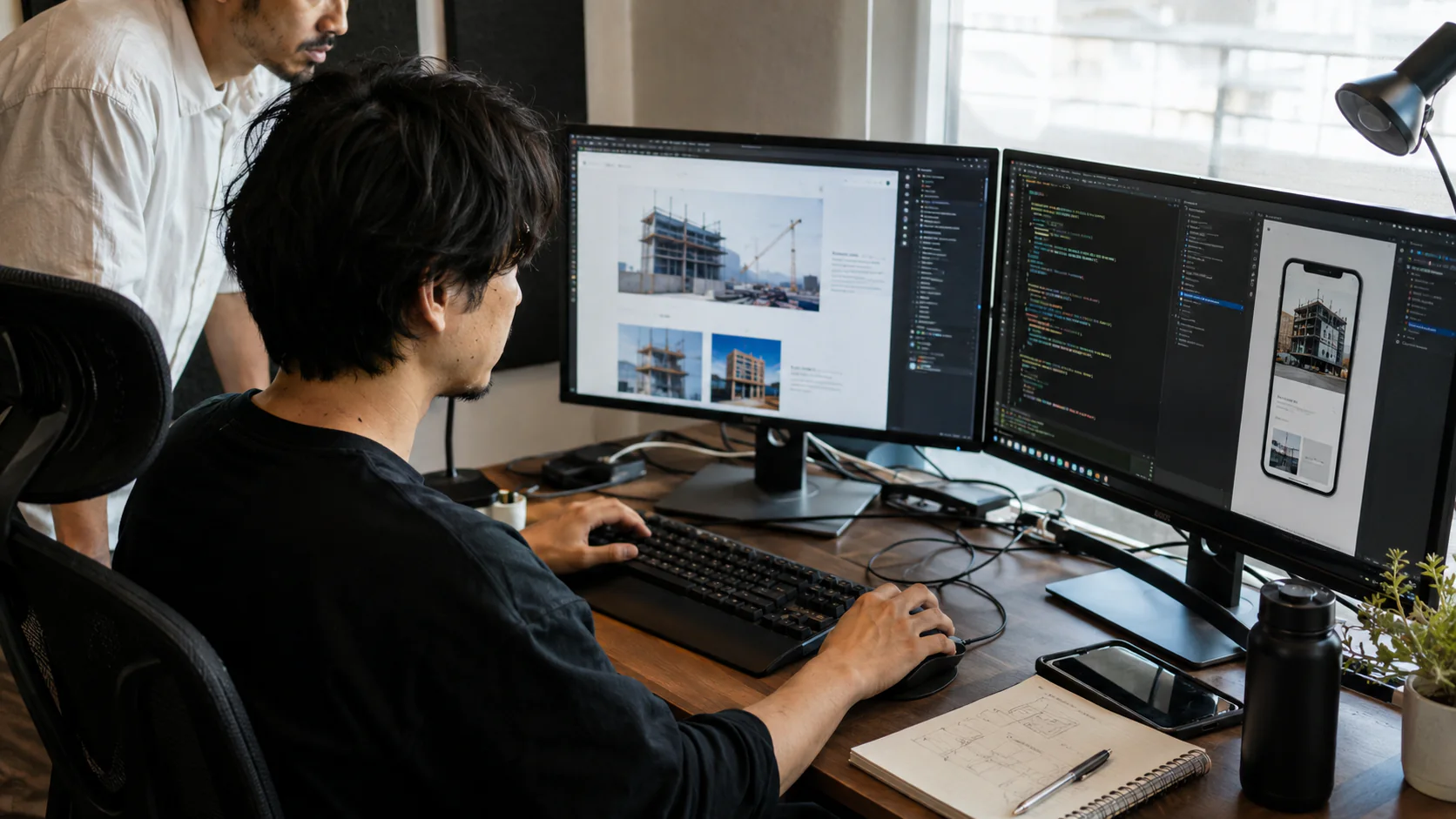建設会社のホームページを、パソコンとスマートフォンの表示を並べて確認しながら制作している様子